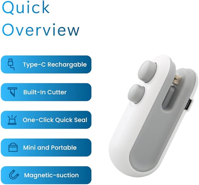 Mini Bag Sealer, USB-C Rechargeable - Resealer Machine for Snack Bags