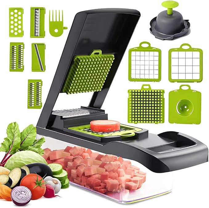 16 in 1 Vegetable Cutter & Chopper Slicer with 8 Blade – Multi-Functional Food Dicer, Fruit Dicer, Vegetable Cutter and Chopper, Peeler & Storage Container