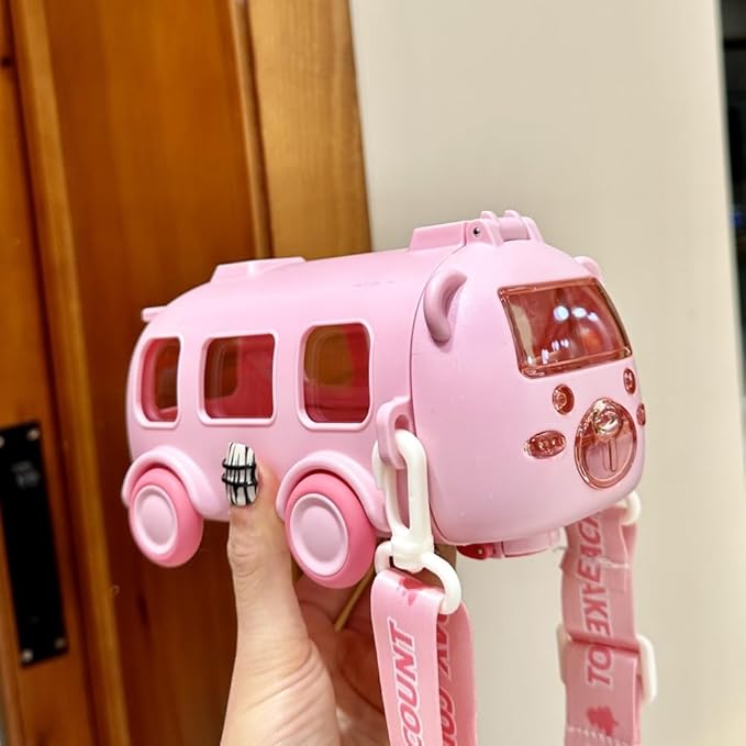 Bus Water Bottle With Straw And Strap for Boy And Girl