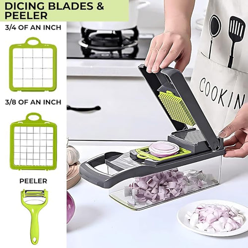 16 in 1 Vegetable Cutter & Chopper Slicer with 8 Blade – Multi-Functional Food Dicer, Fruit Dicer, Vegetable Cutter and Chopper, Peeler & Storage Container