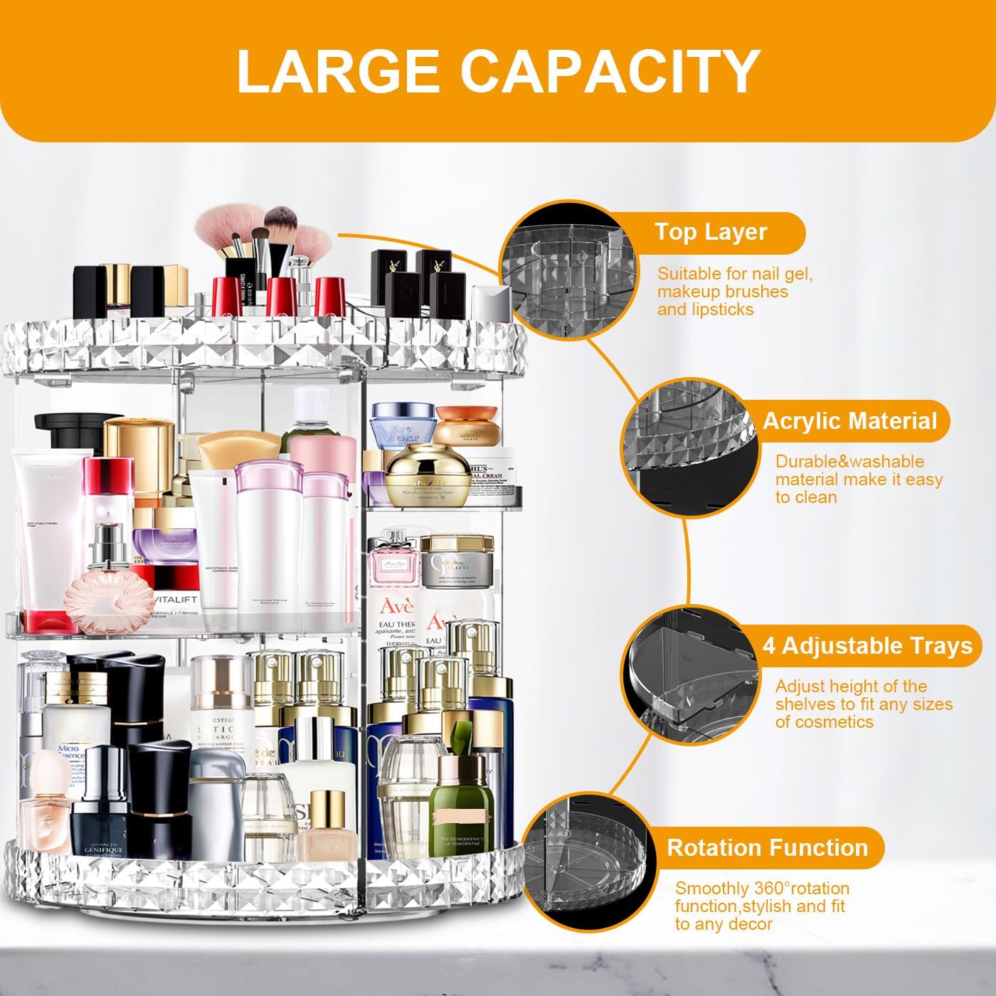 Transparent Makeup Organizer 360 Degree Rotating Adjustable Layers - Large Capacity