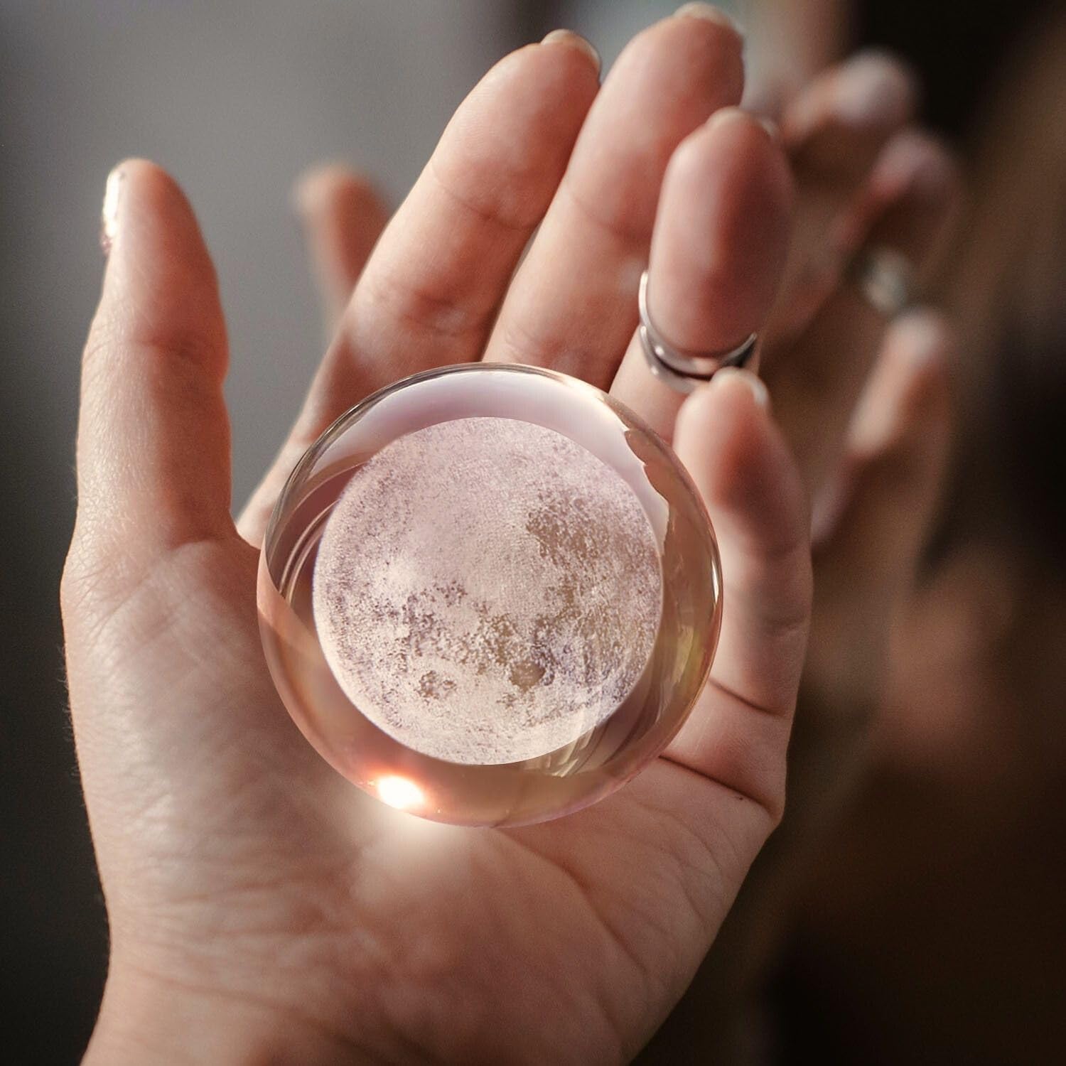 3D Moon Crystal Ball Night Light - with Solid Wood Base - Adjustable Brightness for Home Decor Display Gift, 2.4inch(60mm)