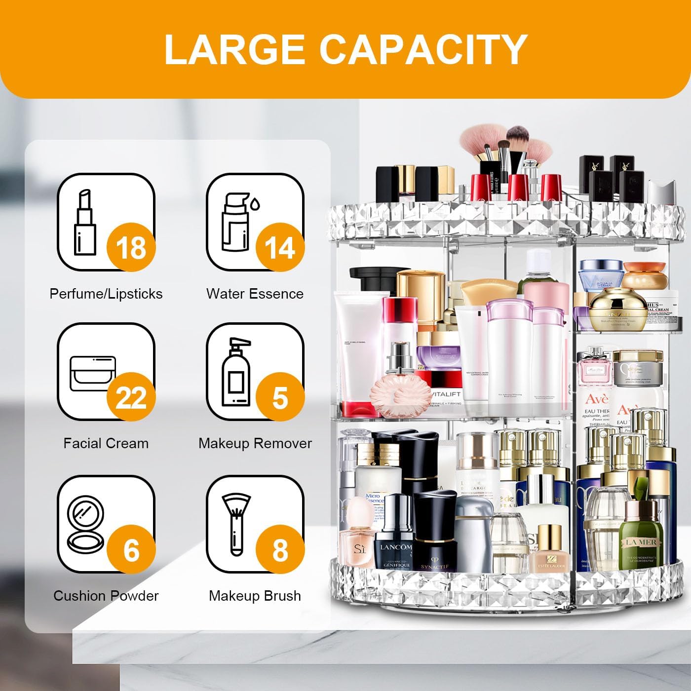 Transparent Makeup Organizer 360 Degree Rotating Adjustable Layers - Large Capacity