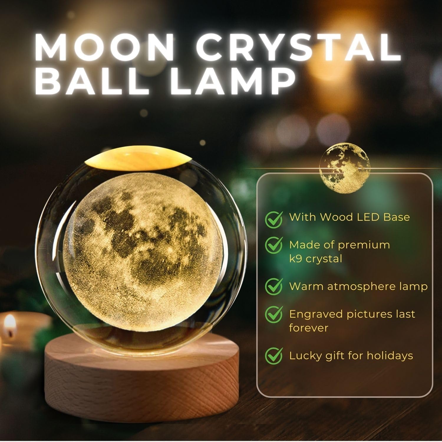 3D Moon Crystal Ball Night Light - with Solid Wood Base - Adjustable Brightness for Home Decor Display Gift, 2.4inch(60mm)