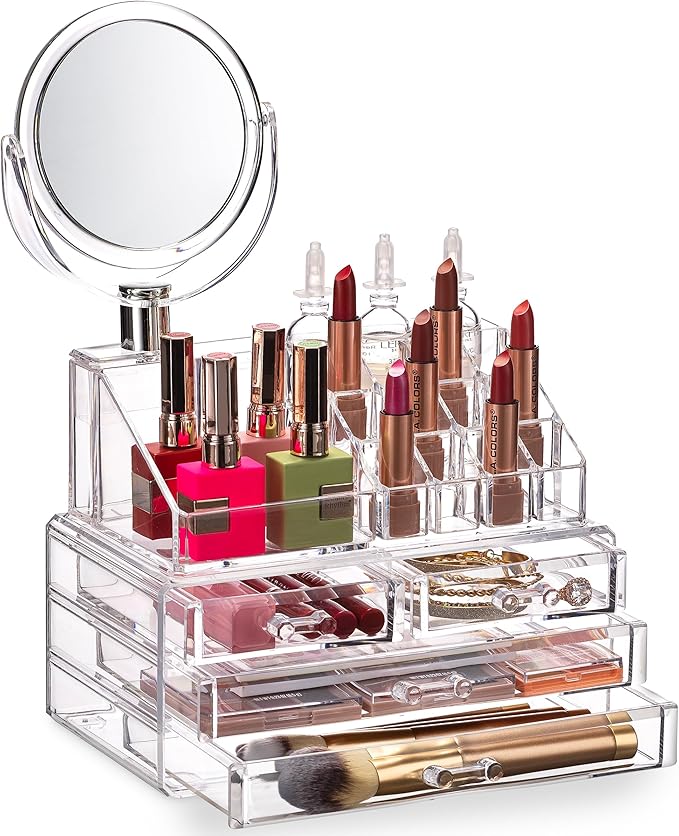 Transparent and Elegant Makeup Organizer with Mirror for Makeup and Accessories