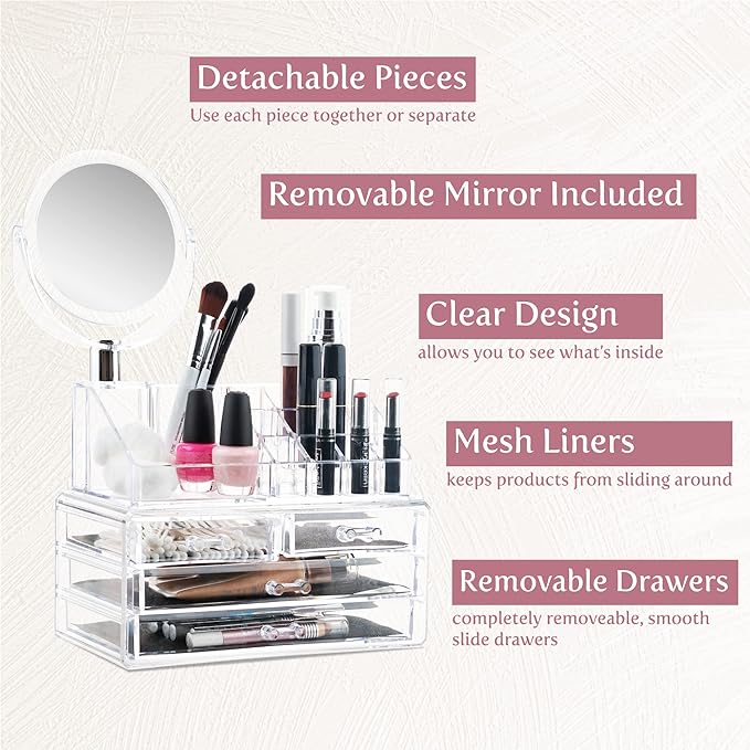 Transparent and Elegant Makeup Organizer with Mirror for Makeup and Accessories