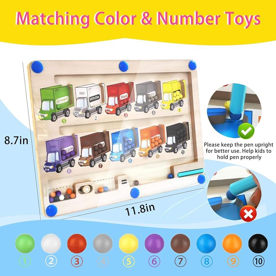 Magnetic Color and Number Maze - Educational Fine Motor Skills Toys for Boys Girls 3 to 5 Years Old - Counting Toddler Puzzle Board