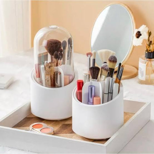 360 Degree Rotatable Makeup Brush Holder Organizer with Lid - Spinning Brush Holders for Bathroom Vanity Countertop - White