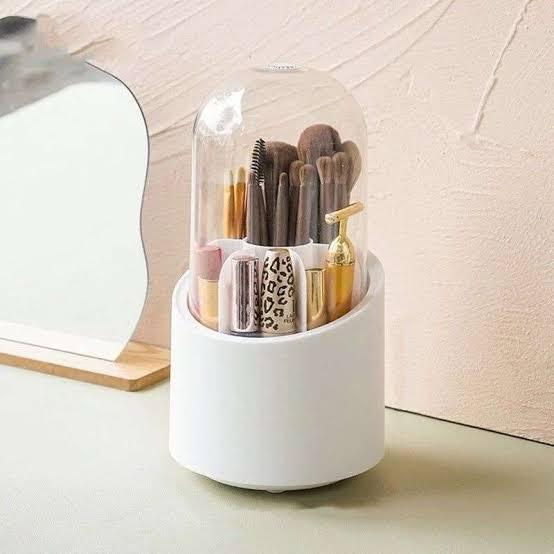 360 Degree Rotatable Makeup Brush Holder Organizer with Lid - Spinning Brush Holders for Bathroom Vanity Countertop - White