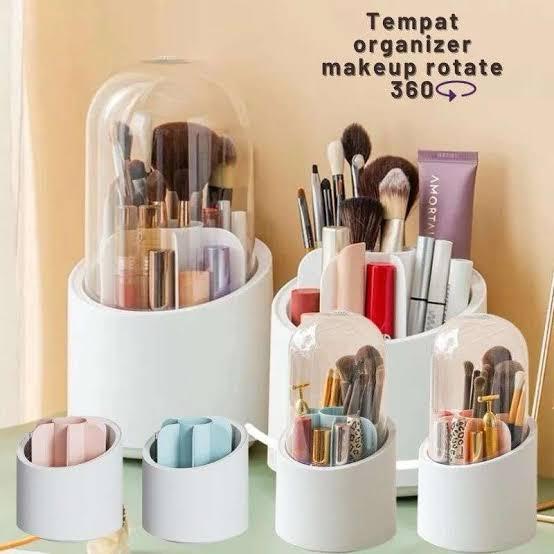360 Degree Rotatable Makeup Brush Holder Organizer with Lid - Spinning Brush Holders for Bathroom Vanity Countertop - White