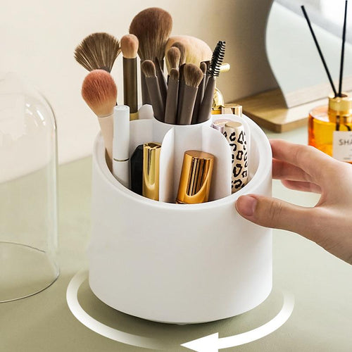 360 Degree Rotatable Makeup Brush Holder Organizer with Lid - Spinning Brush Holders for Bathroom Vanity Countertop - White