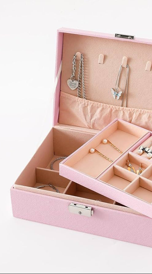 Earring Organizer - Double-layer Jewelry Box/Case/Holder for Earrings, Rings, Necklaces - Soft Pink