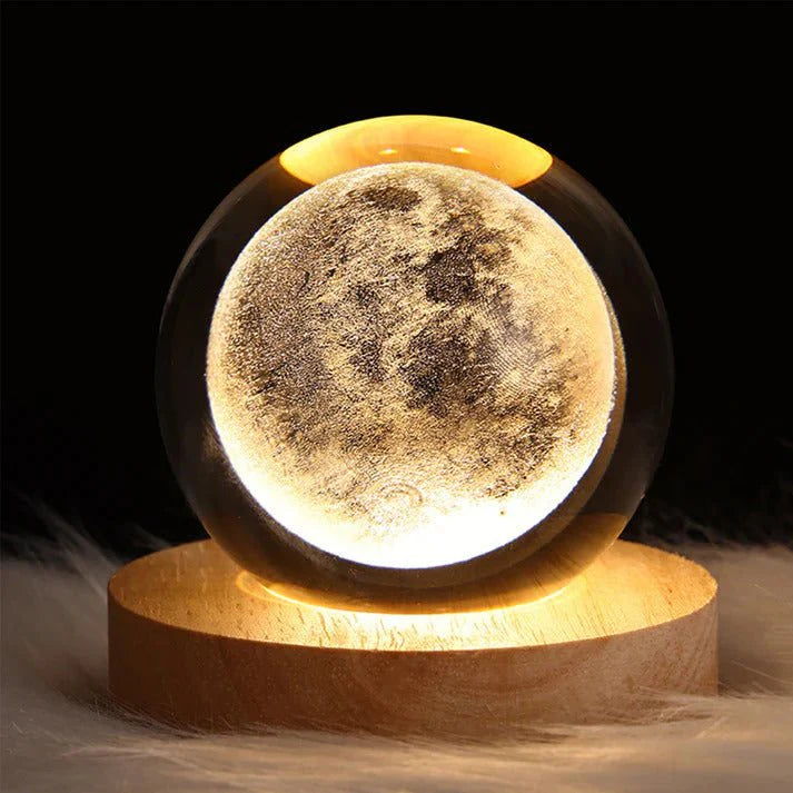 3D Moon Crystal Ball Night Light - with Solid Wood Base - Adjustable Brightness for Home Decor Display Gift, 2.4inch(60mm)