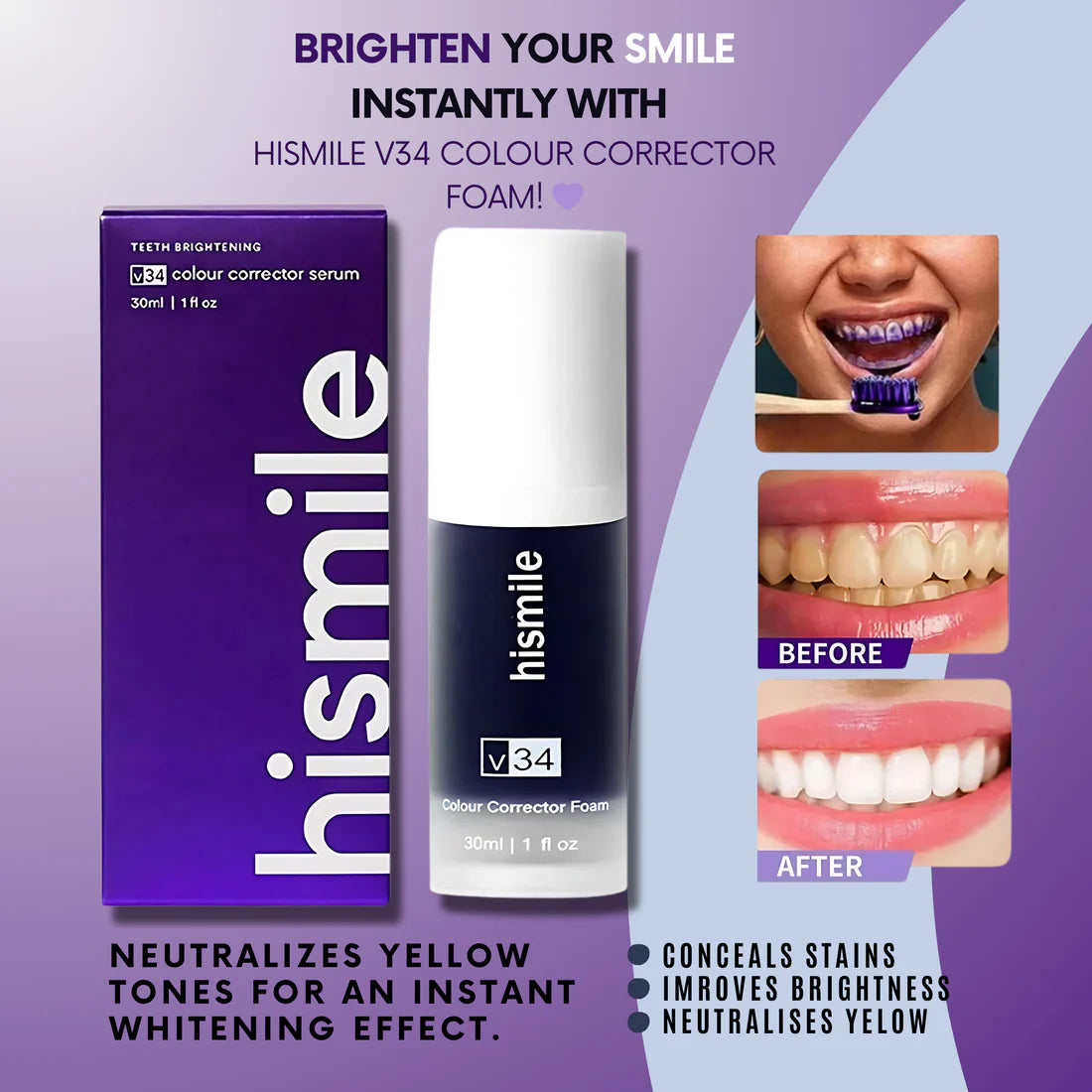 Hismile v34 Colour Corrector - Tooth Stain Concealer - Teeth Whitening Booster, Purple Toothpaste